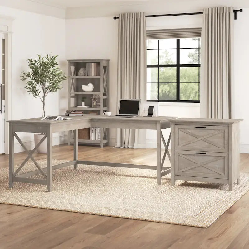 Bureau en L avec classeur latéral à 2 tiroirs de style ferme blanc
