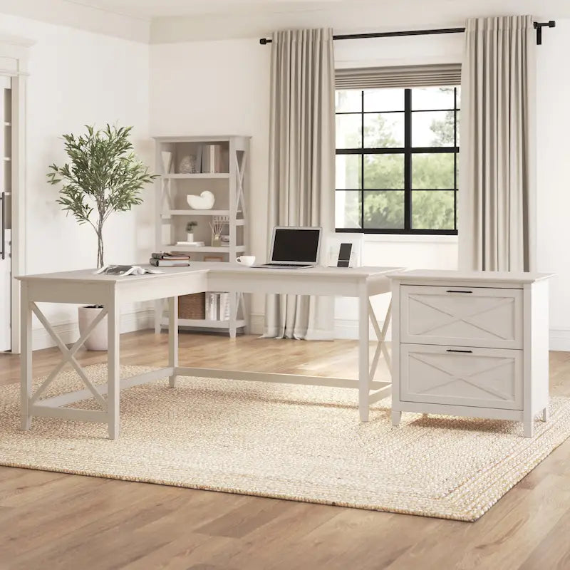 Bureau en L avec classeur latéral à 2 tiroirs de style ferme blanc