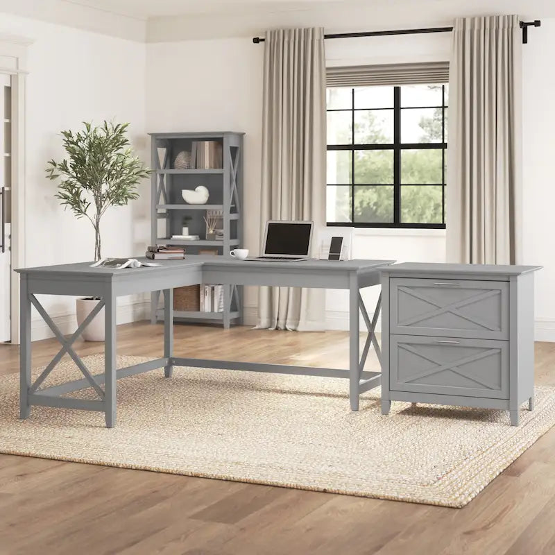 Bureau en L avec classeur latéral à 2 tiroirs de style ferme blanc
