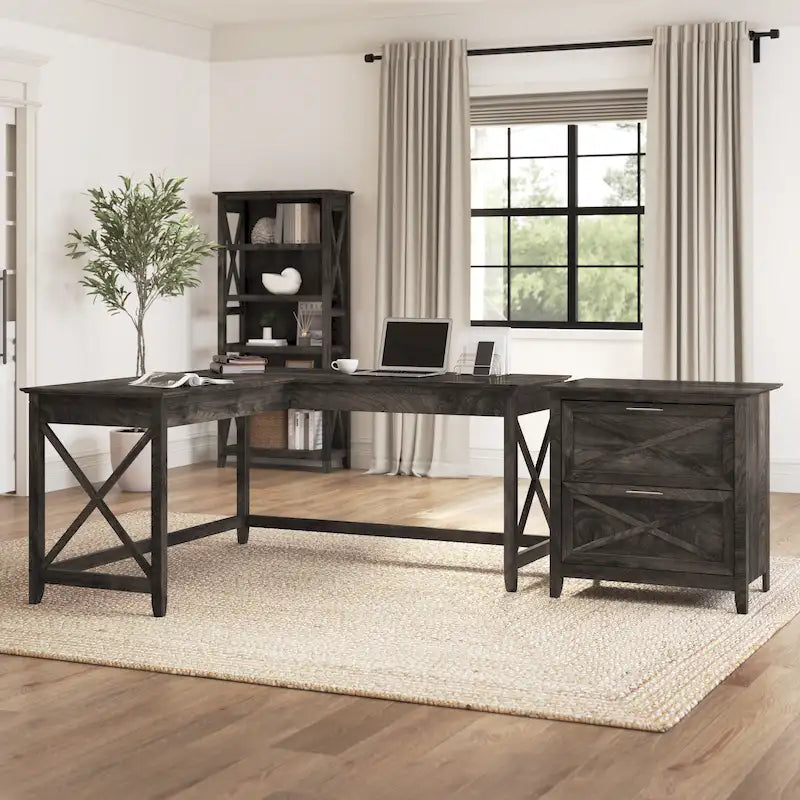Bureau en L avec classeur latéral à 2 tiroirs de style ferme blanc