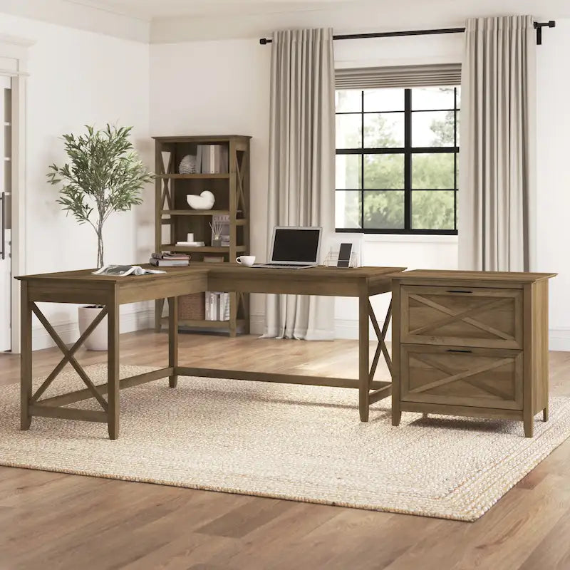Bureau en L avec classeur latéral à 2 tiroirs de style ferme blanc