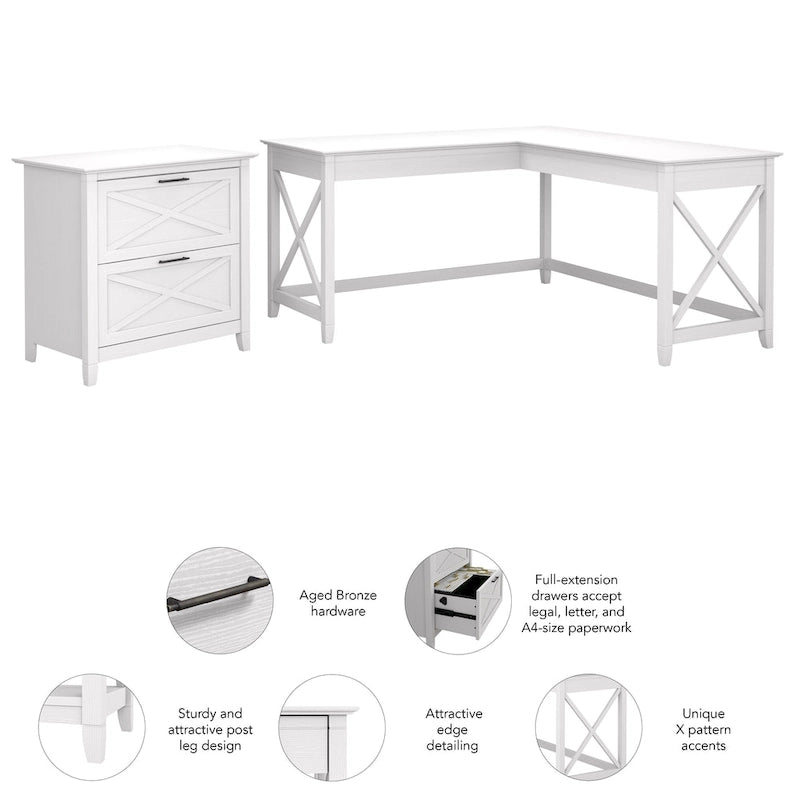 Bureau en L avec classeur latéral à 2 tiroirs de style ferme blanc