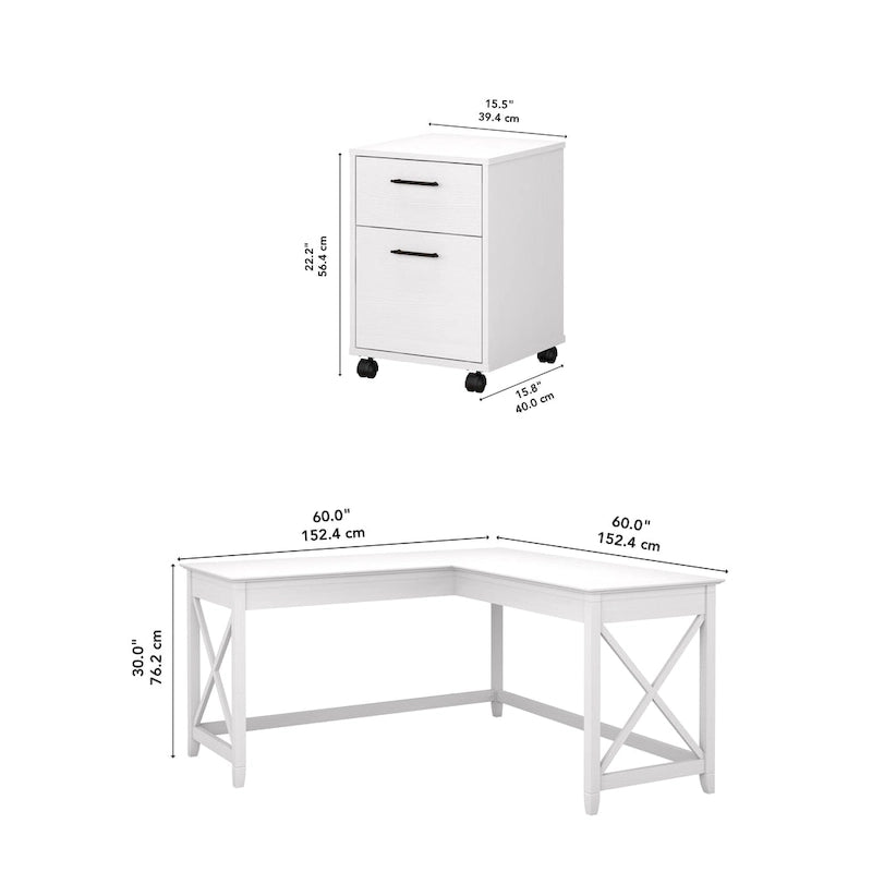 Bureau en L avec classeur latéral à 2 tiroirs de style ferme blanc