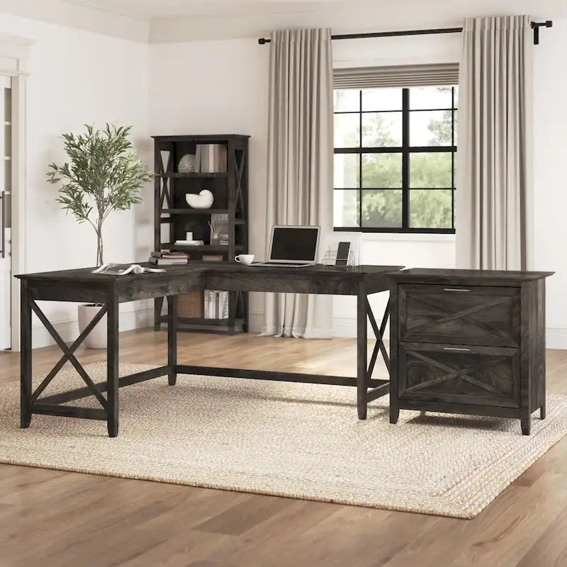 Bureau en L avec classeur latéral à 2 tiroirs de style ferme blanc