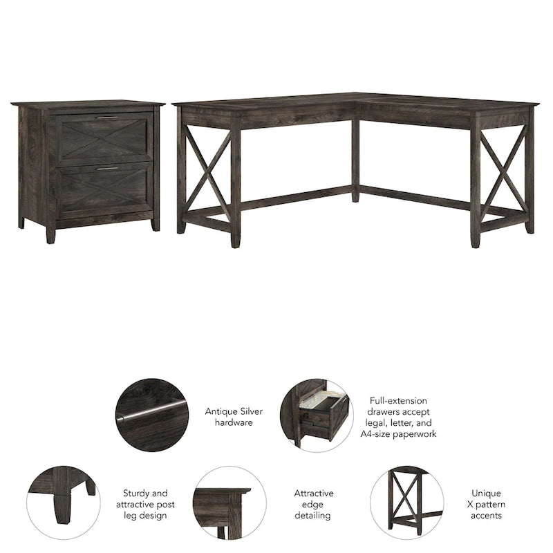 Bureau en L avec classeur latéral à 2 tiroirs de style ferme blanc