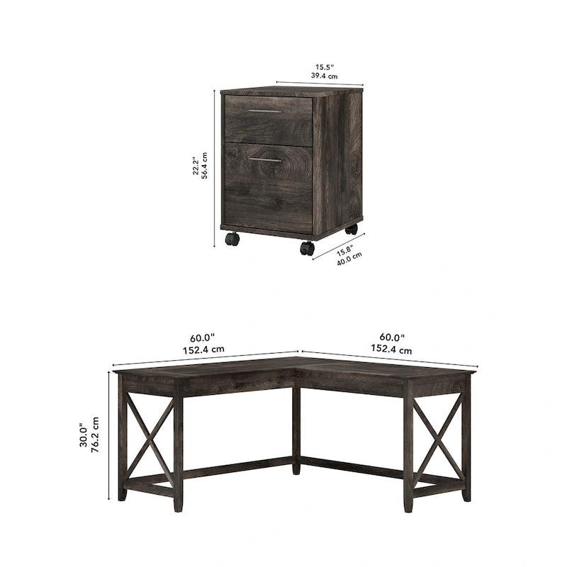 Bureau en L avec classeur latéral à 2 tiroirs de style ferme blanc