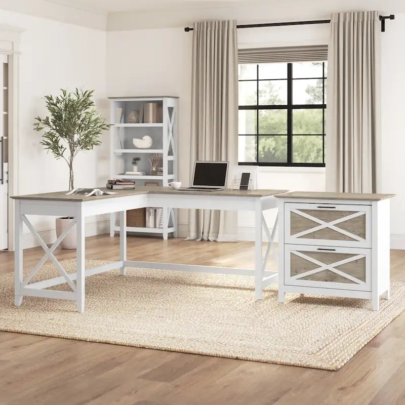 Bureau en L avec classeur latéral à 2 tiroirs de style ferme blanc