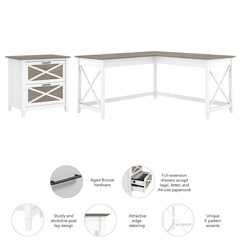 Bureau en L avec classeur latéral à 2 tiroirs de style ferme blanc