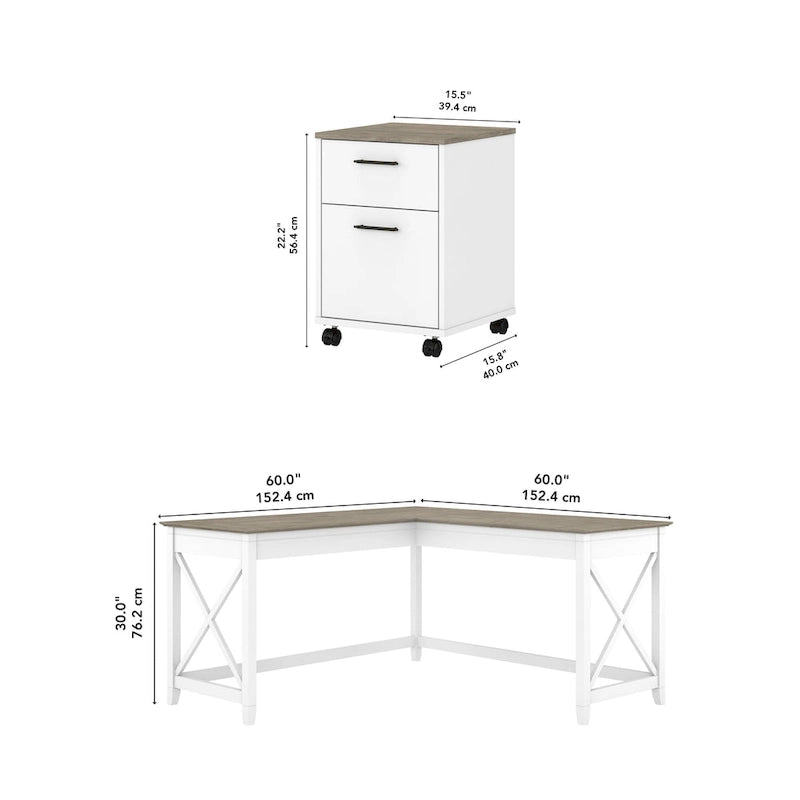 Bureau en L avec classeur latéral à 2 tiroirs de style ferme blanc
