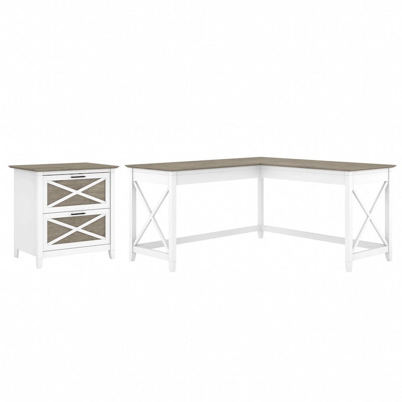 Bureau en L avec classeur latéral à 2 tiroirs de style ferme blanc
