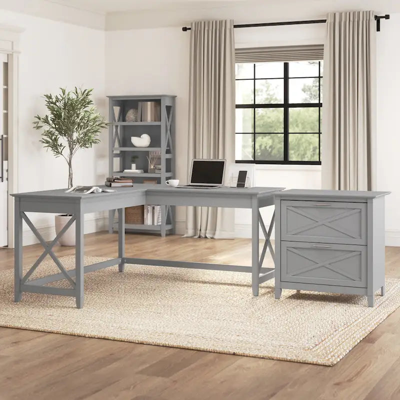 Bureau en L avec classeur latéral à 2 tiroirs de style ferme blanc