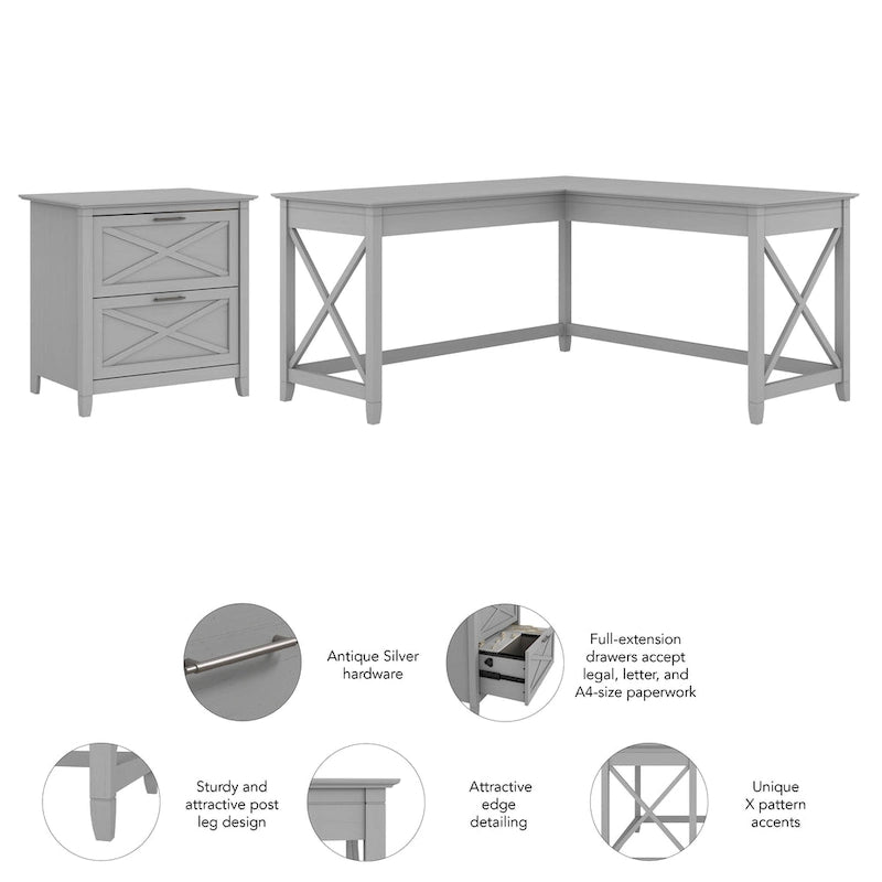 Bureau en L avec classeur latéral à 2 tiroirs de style ferme blanc