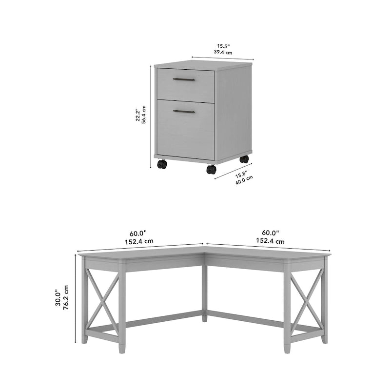 Bureau en L avec classeur latéral à 2 tiroirs de style ferme blanc