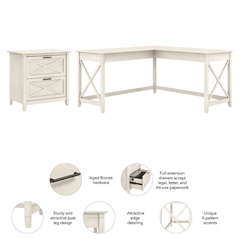 Bureau en L avec classeur latéral à 2 tiroirs de style ferme blanc