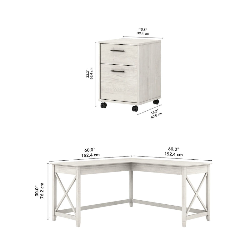Bureau en L avec classeur latéral à 2 tiroirs de style ferme blanc