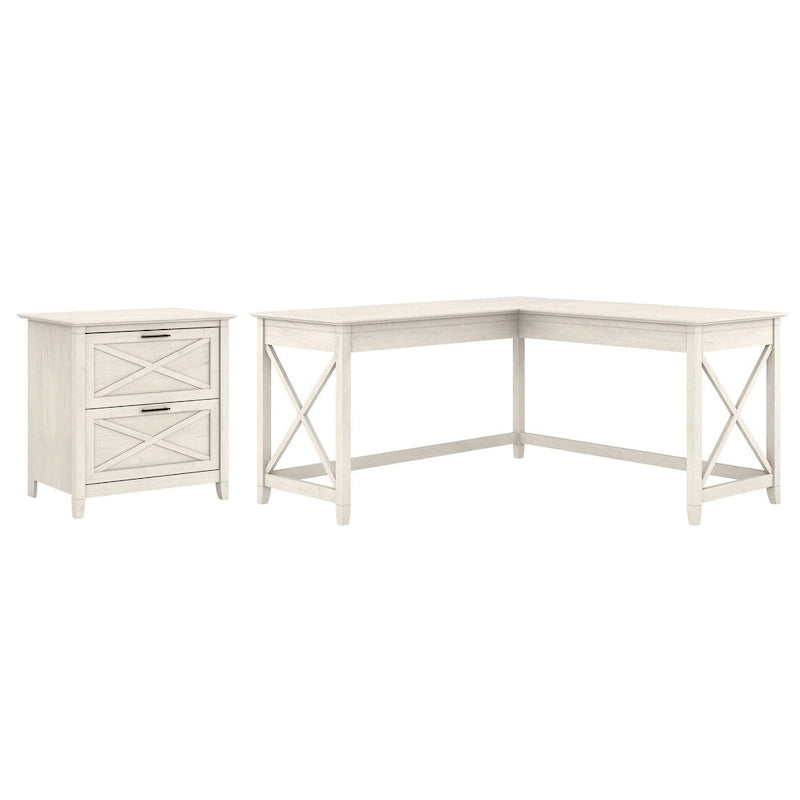 Bureau en L avec classeur latéral à 2 tiroirs de style ferme blanc