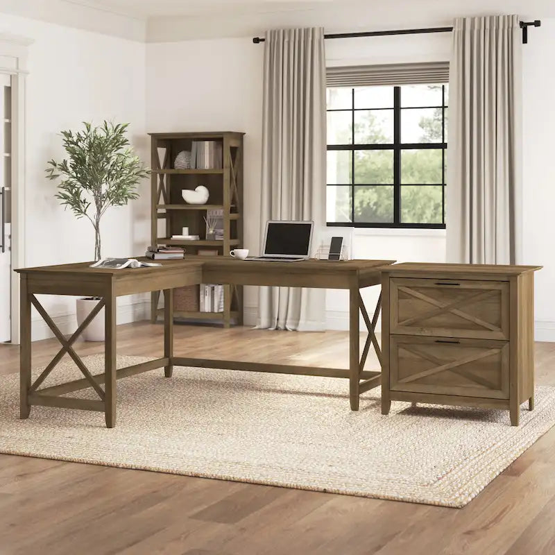Bureau en L avec classeur latéral à 2 tiroirs de style ferme blanc