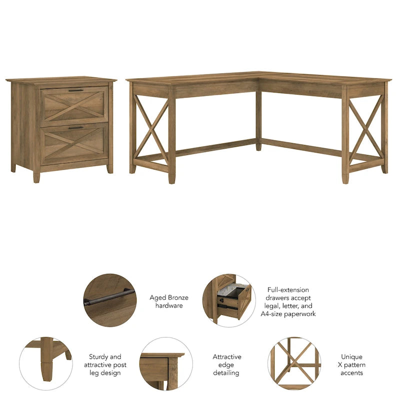 Bureau en L avec classeur latéral à 2 tiroirs de style ferme blanc