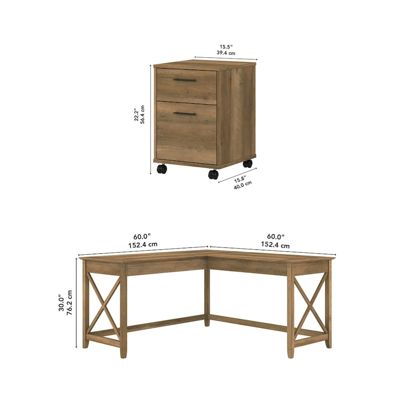 Bureau en L avec classeur latéral à 2 tiroirs de style ferme blanc