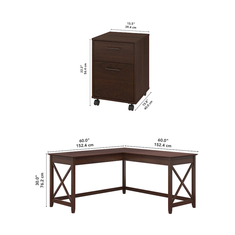 Bureau en L avec classeur latéral à 2 tiroirs de style ferme blanc