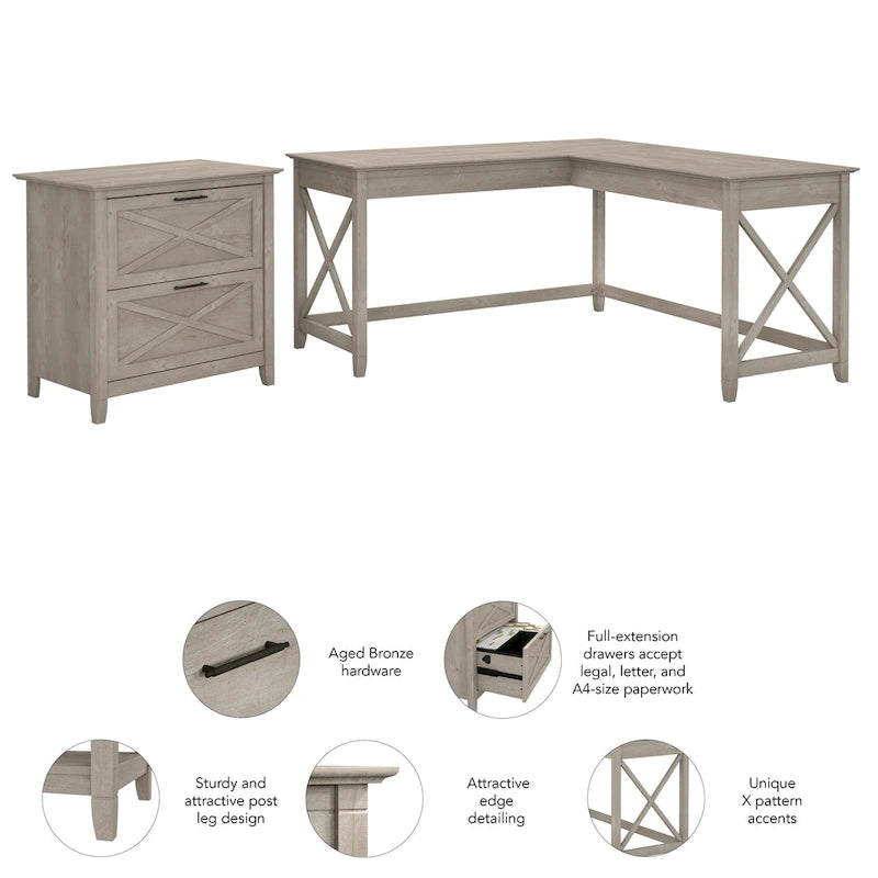 Bureau en L avec classeur latéral à 2 tiroirs de style ferme blanc
