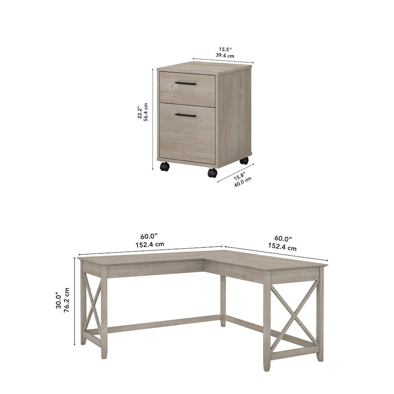 Bureau en L avec classeur latéral à 2 tiroirs de style ferme blanc