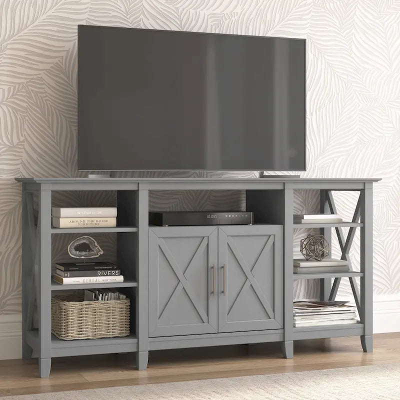 Meuble TV style ferme avec motif en X, étagères ouvertes et rangement fermé
