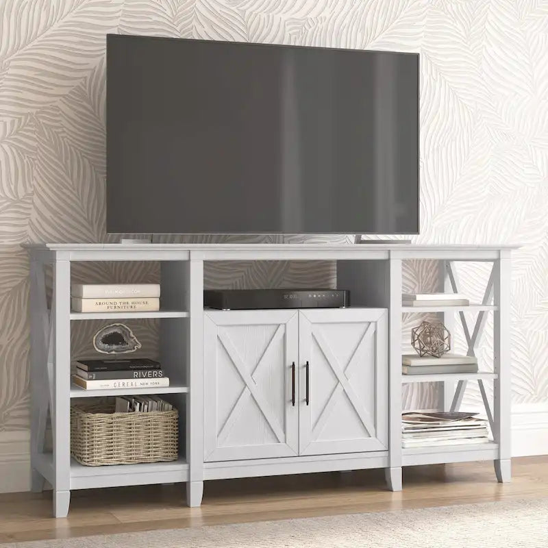 Meuble TV style ferme avec motif en X, étagères ouvertes et rangement fermé