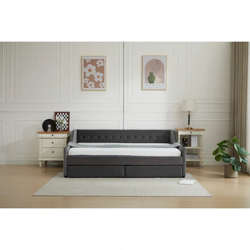 Banquette-lit capitonnée grise avec tiroirs de rangement et dossier touffeté