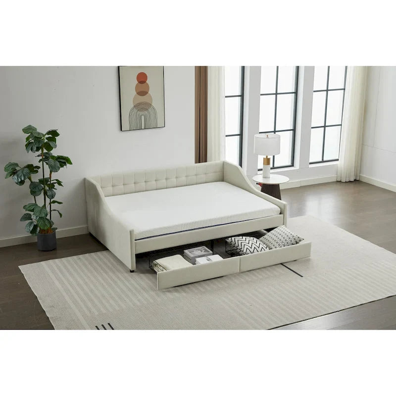 Banquette-lit capitonnée grise avec tiroirs de rangement et dossier touffeté