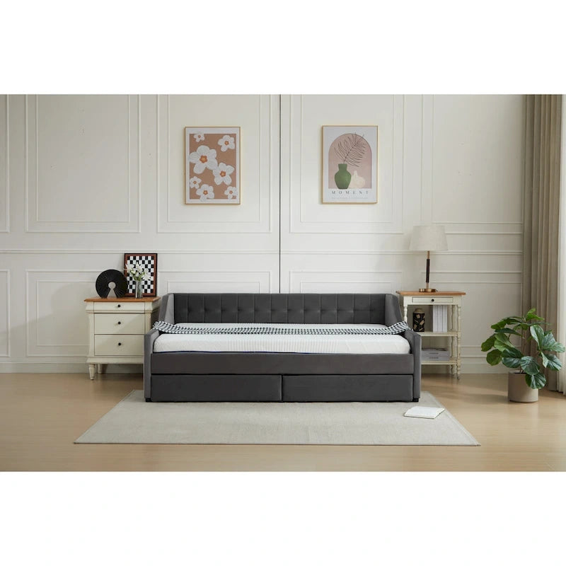Banquette-lit capitonnée grise avec tiroirs de rangement et dossier touffeté
