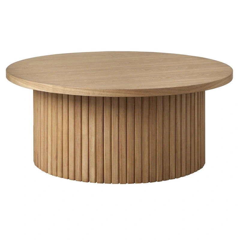 Table basse ronde cannelée à profil bas en bois massif, chêne ou noyer