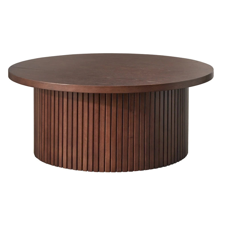 Table basse ronde cannelée à profil bas en bois massif, chêne ou noyer