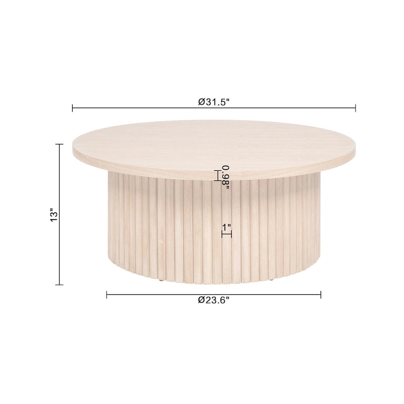 Table basse ronde cannelée à profil bas en bois massif, chêne ou noyer