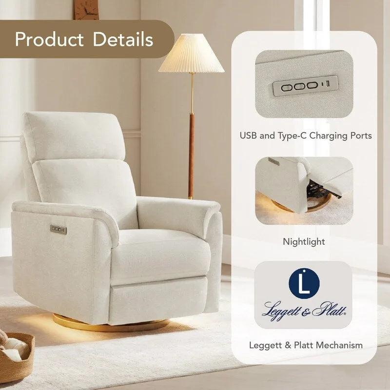 Fauteuil inclinable motorisé pour chambre de bébé avec veilleuse et ports USB