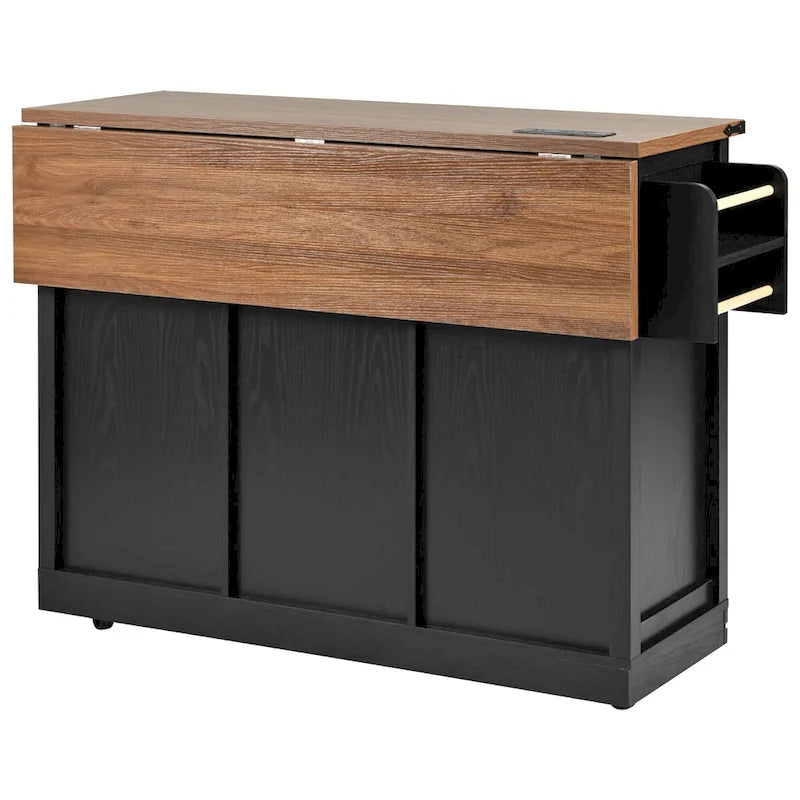 Îlot de cuisine de ferme noir avec portes coulissantes à battants, prise de courant et rangement