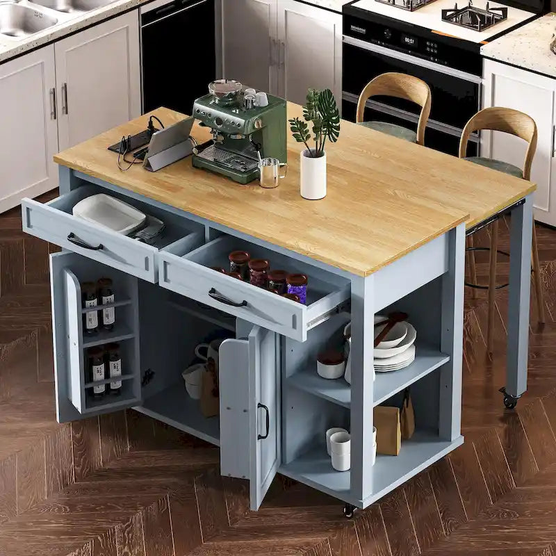 Îlot de cuisine roulant avec table à manger extensible, tiroirs, armoire et prise de courant intégrée, bleu gris