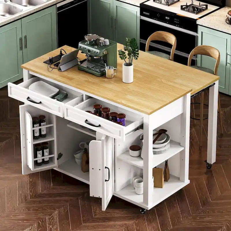 Îlot de cuisine roulant avec table à manger extensible, tiroirs, armoire et prise de courant intégrée, bleu gris