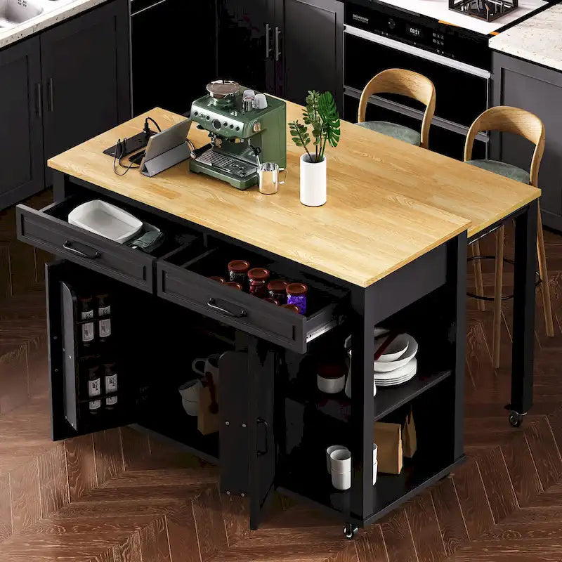 47 Rubber Wood Kitchen Island with Extendable Dining Table, Internal Storage Rack, Power Outlet, Storage 2 Drawers, 2 Cabinet