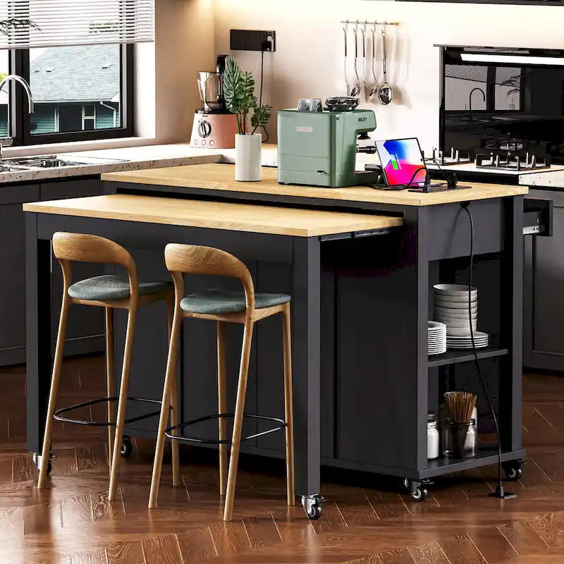 Îlot de cuisine roulant avec table à manger extensible, tiroirs, armoire et prise de courant intégrée, bleu gris