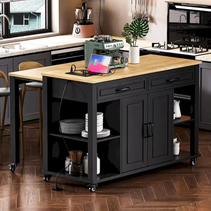 Îlot de cuisine roulant avec table à manger extensible, tiroirs, armoire et prise de courant intégrée, bleu gris