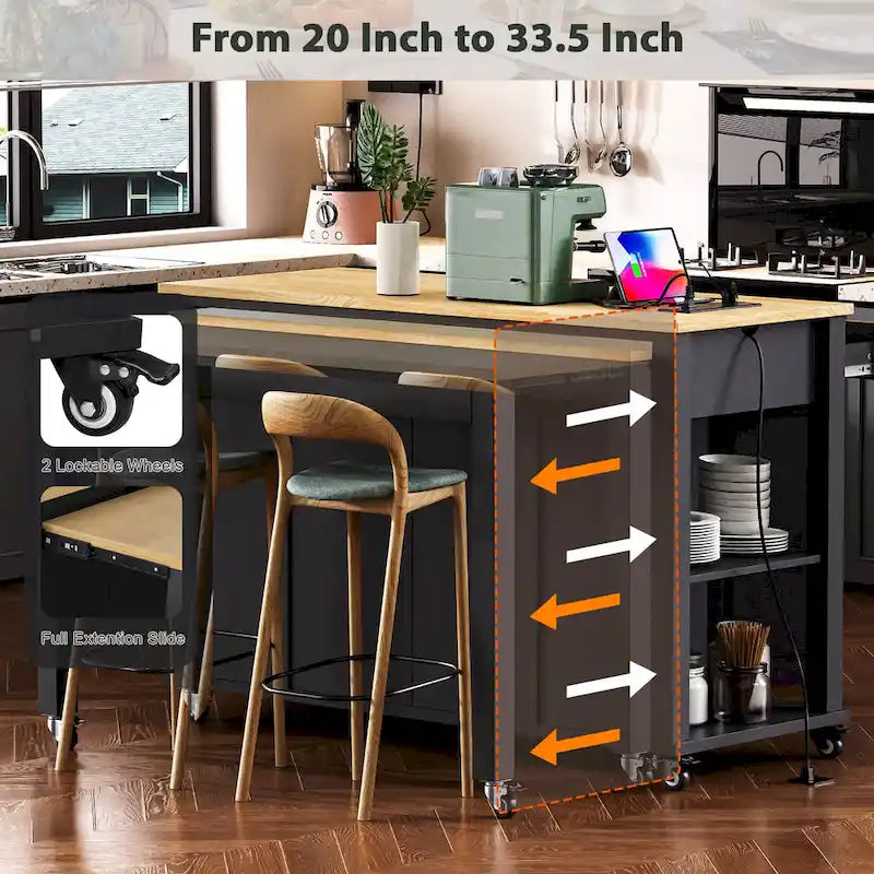 Îlot de cuisine roulant avec table à manger extensible, tiroirs, armoire et prise de courant intégrée, bleu gris