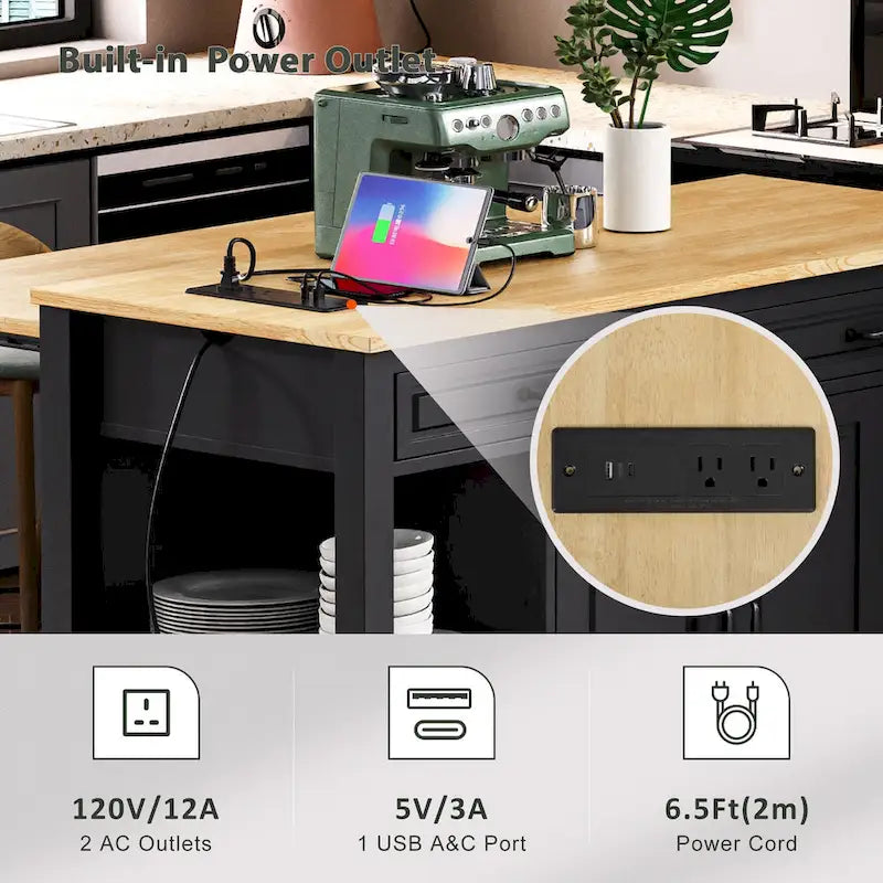Îlot de cuisine roulant avec table à manger extensible, tiroirs, armoire et prise de courant intégrée, bleu gris