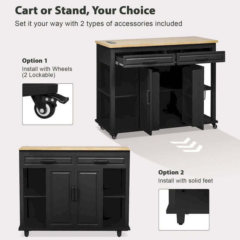 Îlot de cuisine roulant avec table à manger extensible, tiroirs, armoire et prise de courant intégrée, bleu gris