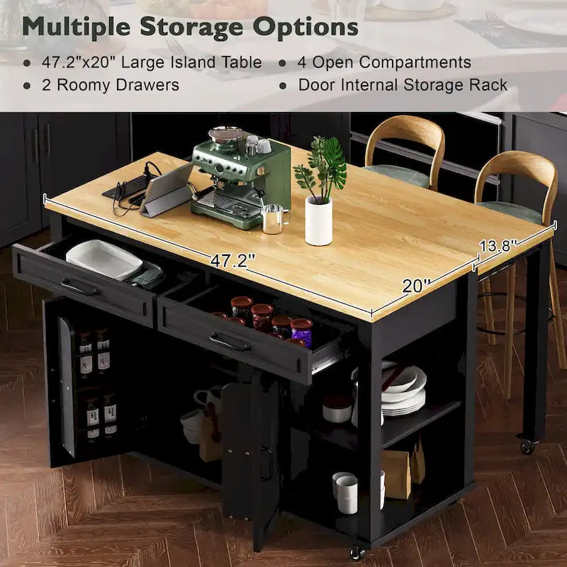 Îlot de cuisine roulant avec table à manger extensible, tiroirs, armoire et prise de courant intégrée, bleu gris