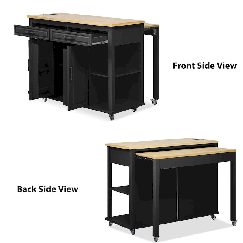 Îlot de cuisine roulant avec table à manger extensible, tiroirs, armoire et prise de courant intégrée, bleu gris