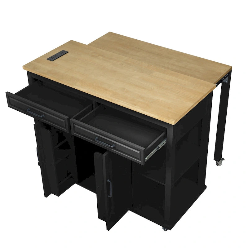 Îlot de cuisine roulant avec table à manger extensible, tiroirs, armoire et prise de courant intégrée, bleu gris