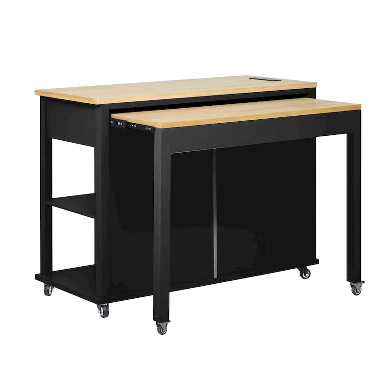 Îlot de cuisine roulant avec table à manger extensible, tiroirs, armoire et prise de courant intégrée, bleu gris