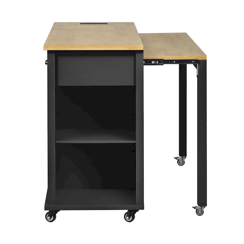 Îlot de cuisine roulant avec table à manger extensible, tiroirs, armoire et prise de courant intégrée, bleu gris
