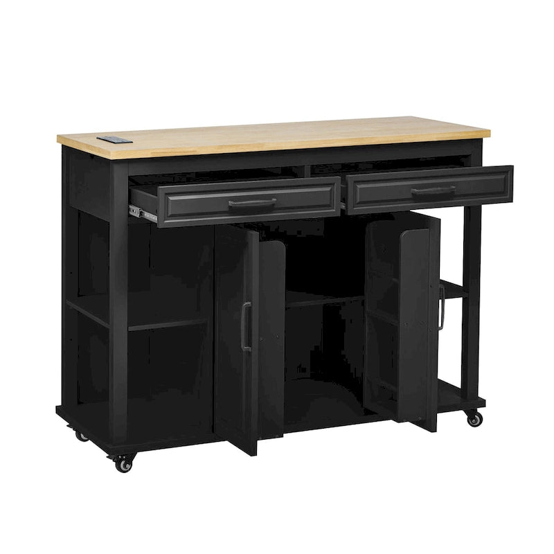 Îlot de cuisine roulant avec table à manger extensible, tiroirs, armoire et prise de courant intégrée, bleu gris